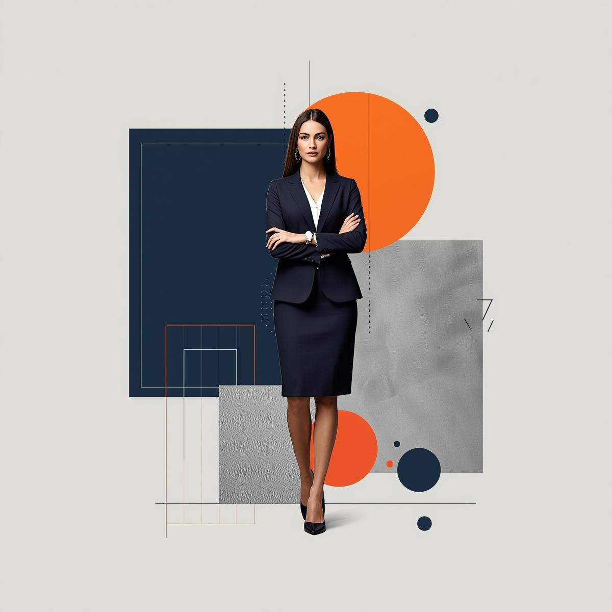 A cohort participant in a Business English session — editorial collage with brand-color geometric shapes